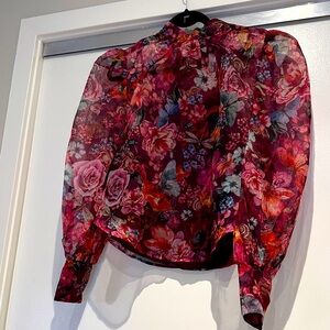 Anthropologie Floral Sheer Blouse - Pink and Red